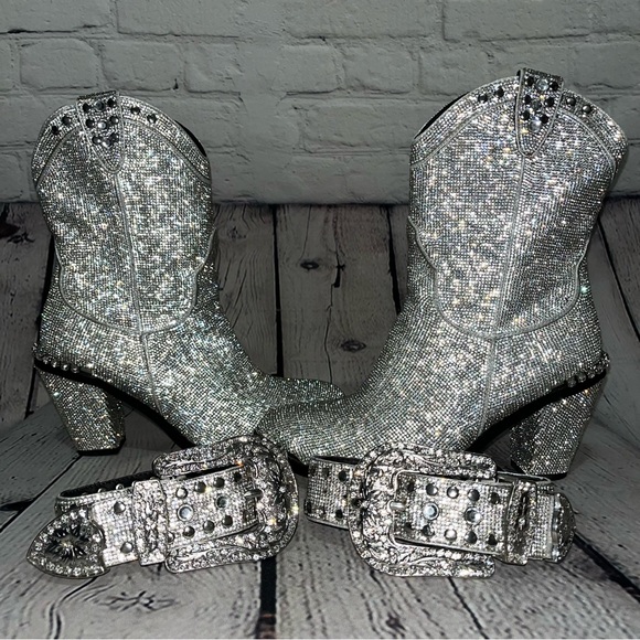 Club Exx Dolls Kill Icy Sheriff Shine Rhinestone Embellished Cowboy Boots - Picture 13 of 17